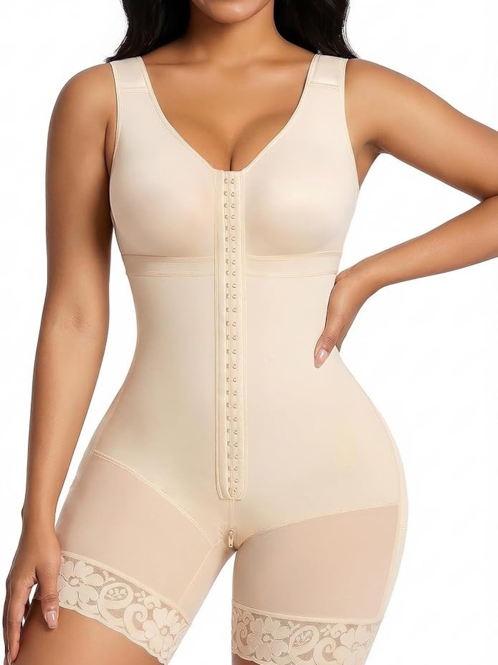 Seamless Beige Full-Body Shapewear Bodysuit with Front Hook Closure